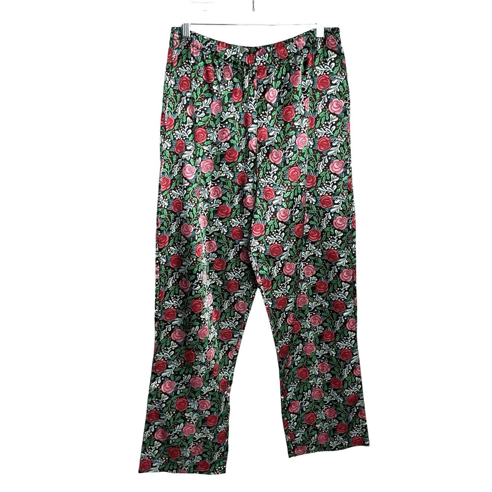 Mary Engelbreit‎ Womens Satin Pajama Bottoms Pants Size M Black Holly Floral
